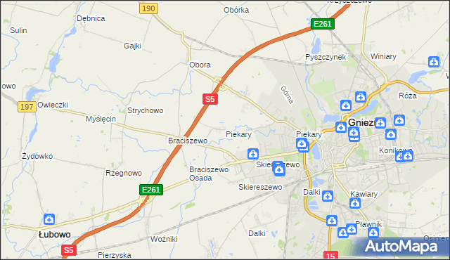 mapa Piekary gmina Gniezno, Piekary gmina Gniezno na mapie Targeo