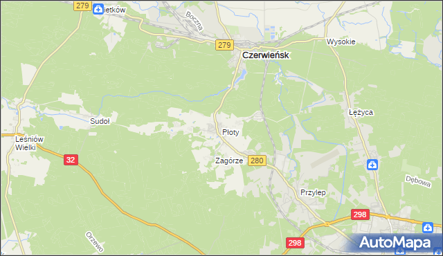 mapa Płoty gmina Czerwieńsk, Płoty gmina Czerwieńsk na mapie Targeo