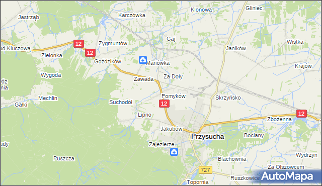 mapa Pomyków gmina Przysucha, Pomyków gmina Przysucha na mapie Targeo