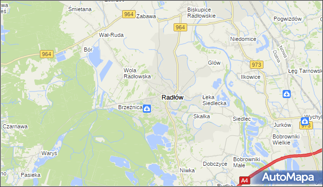 mapa Radłów powiat tarnowski, Radłów powiat tarnowski na mapie Targeo