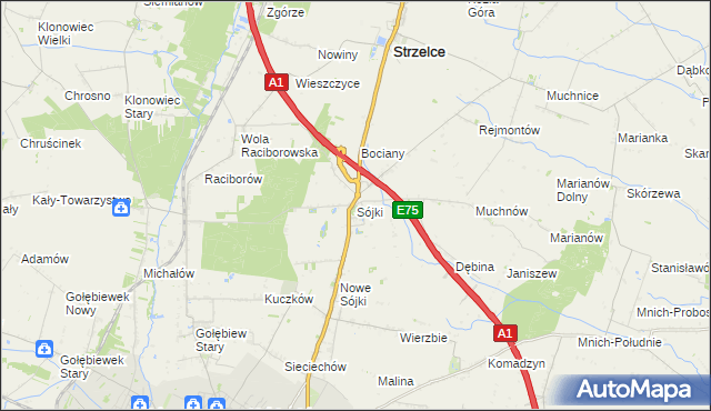 mapa Sójki gmina Strzelce, Sójki gmina Strzelce na mapie Targeo