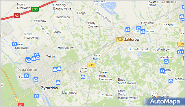 mapa Stare Budy gmina Jaktorów, Stare Budy gmina Jaktorów na mapie Targeo