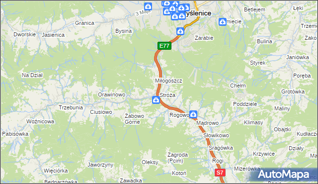 mapa Stróża gmina Pcim, Stróża gmina Pcim na mapie Targeo