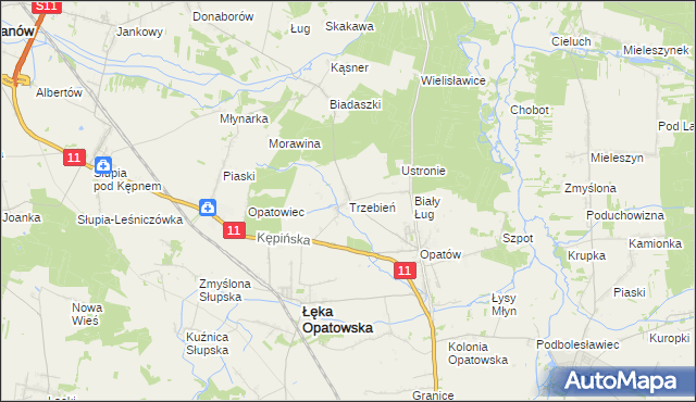 mapa Trzebień gmina Łęka Opatowska, Trzebień gmina Łęka Opatowska na mapie Targeo