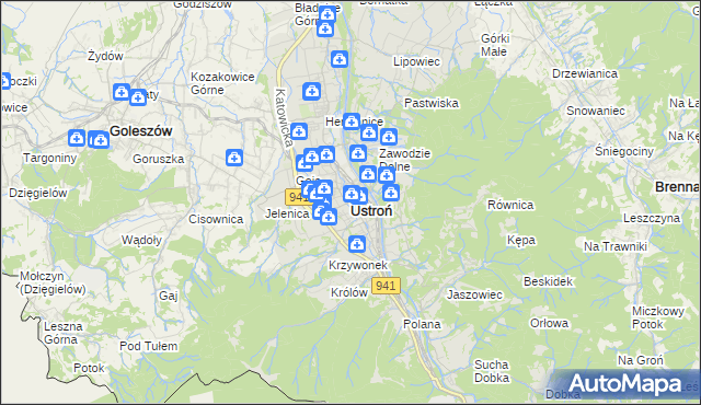 mapa Ustroń powiat cieszyński, Ustroń powiat cieszyński na mapie Targeo