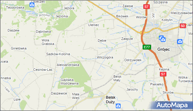 mapa Wilczogóra gmina Belsk Duży, Wilczogóra gmina Belsk Duży na mapie Targeo