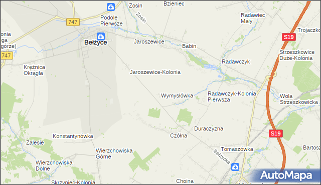 mapa Wymysłówka gmina Bełżyce, Wymysłówka gmina Bełżyce na mapie Targeo