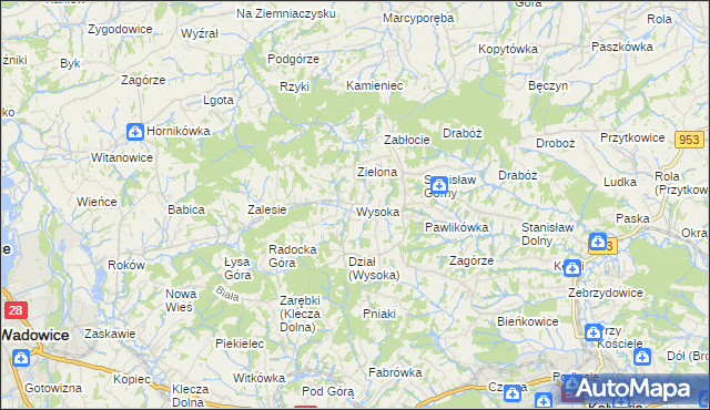 mapa Wysoka gmina Wadowice, Wysoka gmina Wadowice na mapie Targeo