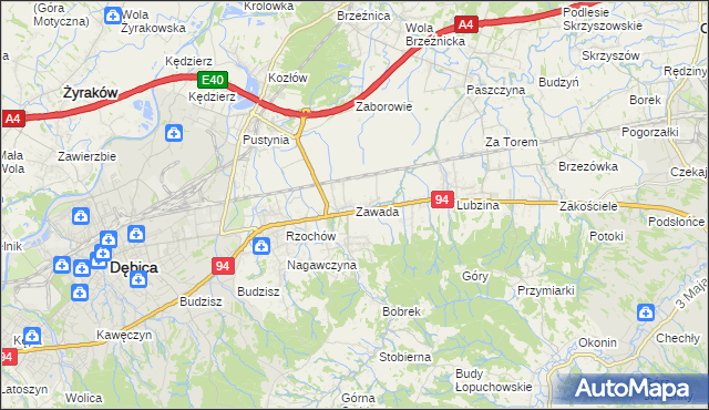 mapa Zawada gmina Dębica, Zawada gmina Dębica na mapie Targeo