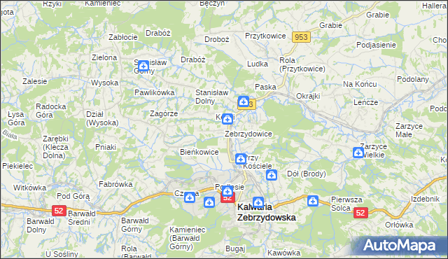 mapa Zebrzydowice gmina Kalwaria Zebrzydowska, Zebrzydowice gmina Kalwaria Zebrzydowska na mapie Targeo