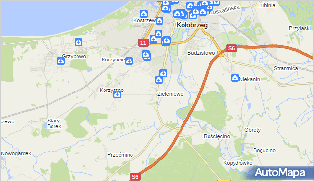 mapa Zieleniewo gmina Kołobrzeg, Zieleniewo gmina Kołobrzeg na mapie Targeo