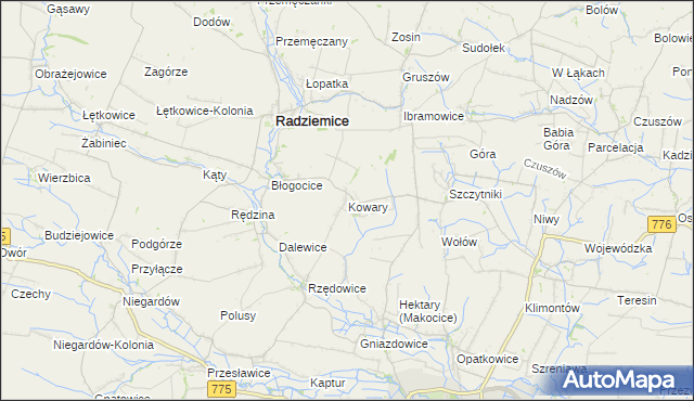 mapa Kowary gmina Radziemice, Kowary gmina Radziemice na mapie Targeo