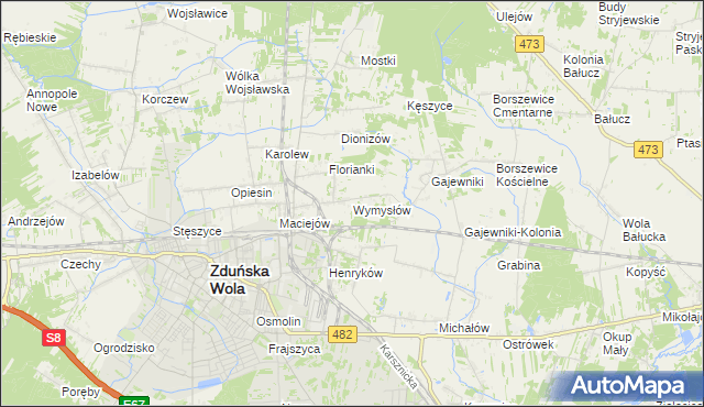 mapa Wymysłów gmina Zduńska Wola, Wymysłów gmina Zduńska Wola na mapie Targeo