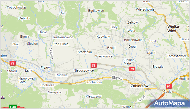 mapa Więckowice gmina Zabierzów, Więckowice gmina Zabierzów na mapie Targeo