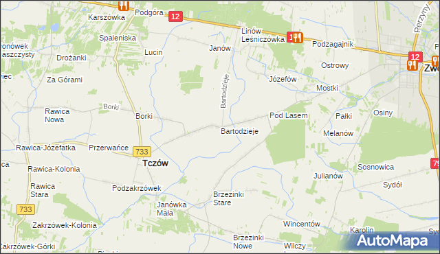 mapa Bartodzieje gmina Tczów, Bartodzieje gmina Tczów na mapie Targeo