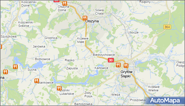 mapa Biedrzychowice gmina Olszyna, Biedrzychowice gmina Olszyna na mapie Targeo