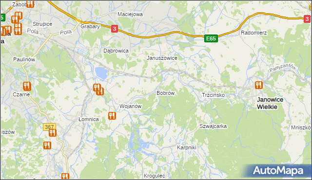 mapa Bobrów gmina Mysłakowice, Bobrów gmina Mysłakowice na mapie Targeo