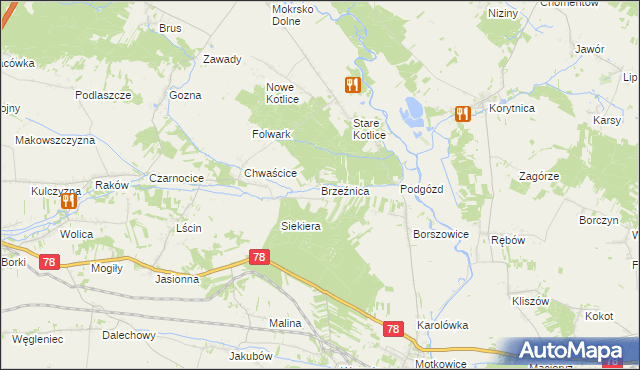 mapa Brzeźnica gmina Jędrzejów, Brzeźnica gmina Jędrzejów na mapie Targeo