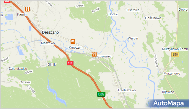 mapa Brzozowiec gmina Deszczno, Brzozowiec gmina Deszczno na mapie Targeo