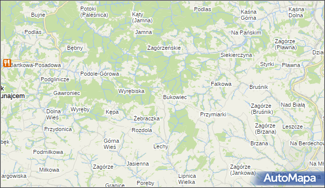 mapa Bukowiec gmina Korzenna, Bukowiec gmina Korzenna na mapie Targeo