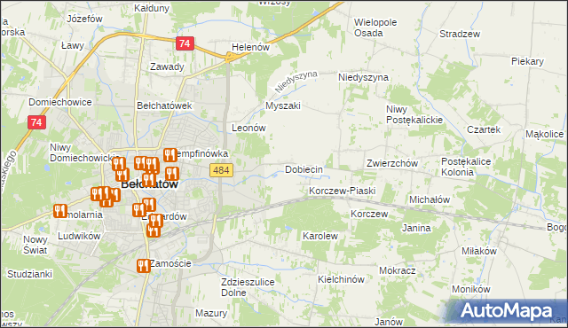 mapa Dobiecin gmina Bełchatów, Dobiecin gmina Bełchatów na mapie Targeo