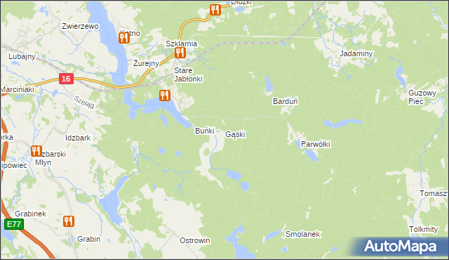 mapa Gąski gmina Ostróda, Gąski gmina Ostróda na mapie Targeo