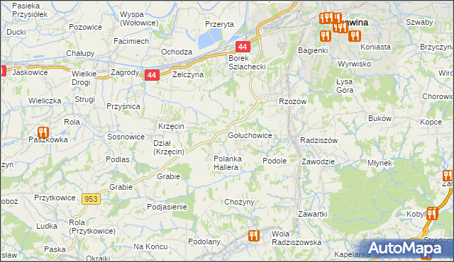mapa Gołuchowice gmina Skawina, Gołuchowice gmina Skawina na mapie Targeo