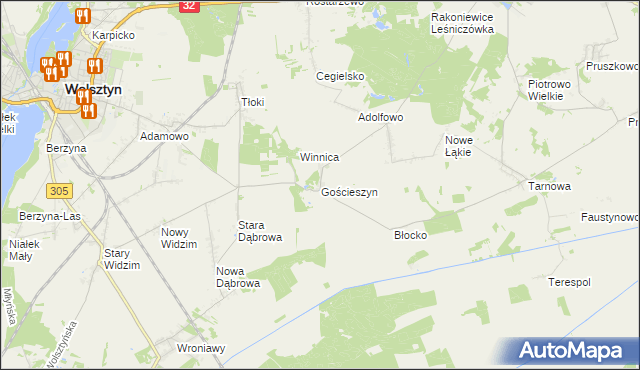 mapa Gościeszyn gmina Wolsztyn, Gościeszyn gmina Wolsztyn na mapie Targeo