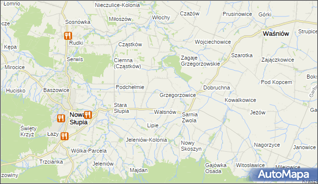 mapa Grzegorzowice gmina Waśniów, Grzegorzowice gmina Waśniów na mapie Targeo