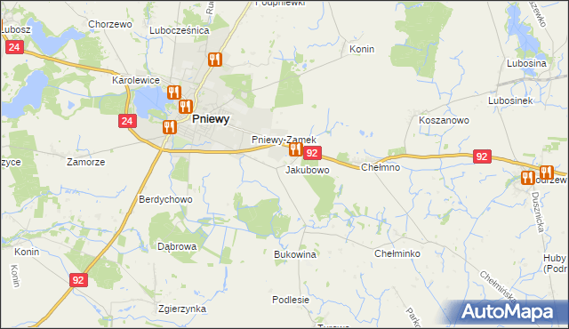 mapa Jakubowo gmina Pniewy, Jakubowo gmina Pniewy na mapie Targeo