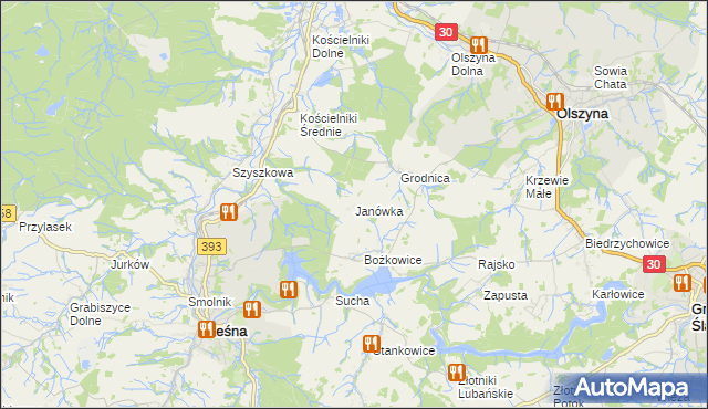 mapa Janówka gmina Leśna, Janówka gmina Leśna na mapie Targeo