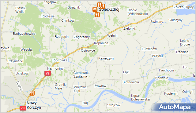 mapa Kawęczyn gmina Nowy Korczyn, Kawęczyn gmina Nowy Korczyn na mapie Targeo