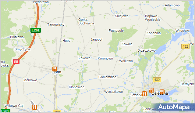 mapa Koronowo gmina Lipno, Koronowo gmina Lipno na mapie Targeo