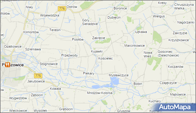 mapa Kościelec gmina Proszowice, Kościelec gmina Proszowice na mapie Targeo