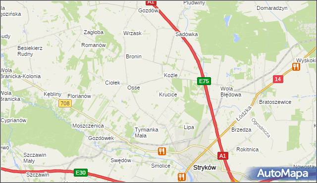 mapa Krucice gmina Stryków, Krucice gmina Stryków na mapie Targeo