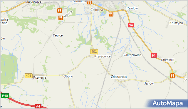 mapa Krzyżowice gmina Olszanka, Krzyżowice gmina Olszanka na mapie Targeo