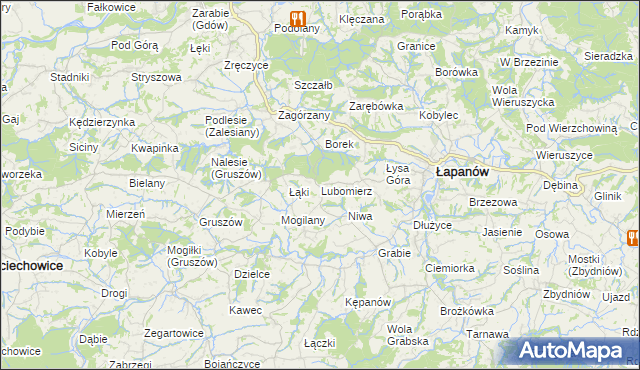 mapa Lubomierz gmina Łapanów, Lubomierz gmina Łapanów na mapie Targeo