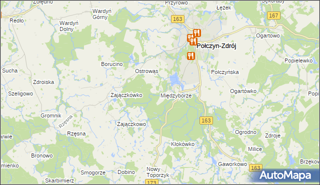 mapa Międzyborze gmina Połczyn-Zdrój, Międzyborze gmina Połczyn-Zdrój na mapie Targeo