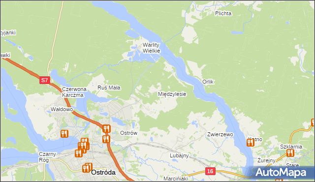 mapa Międzylesie gmina Ostróda, Międzylesie gmina Ostróda na mapie Targeo