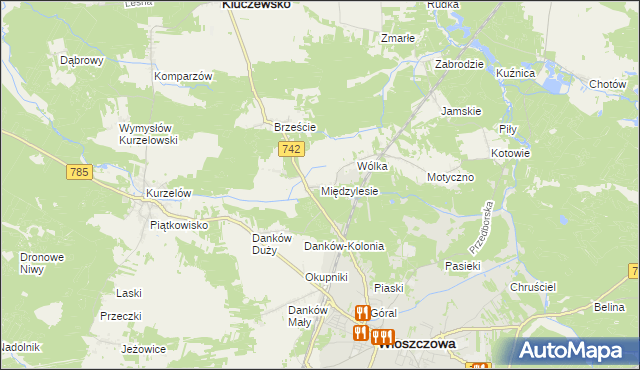 mapa Międzylesie gmina Włoszczowa, Międzylesie gmina Włoszczowa na mapie Targeo