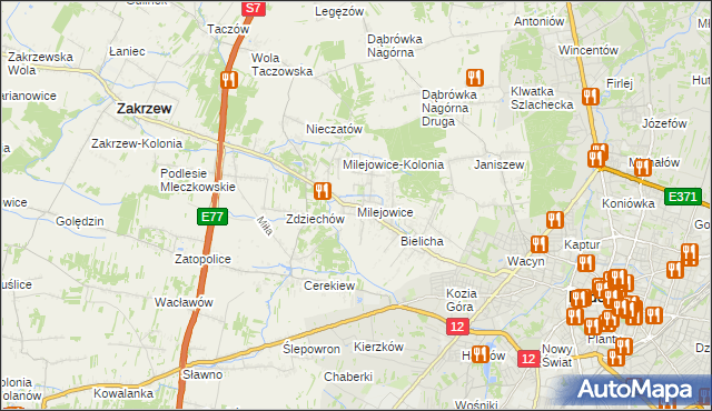 mapa Milejowice gmina Zakrzew, Milejowice gmina Zakrzew na mapie Targeo