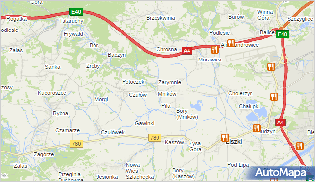 mapa Mników gmina Liszki, Mników gmina Liszki na mapie Targeo