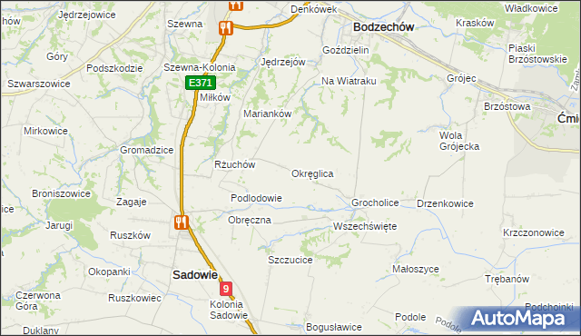 mapa Okręglica gmina Sadowie, Okręglica gmina Sadowie na mapie Targeo