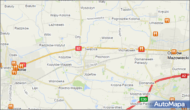 mapa Płochocin gmina Ożarów Mazowiecki, Płochocin gmina Ożarów Mazowiecki na mapie Targeo