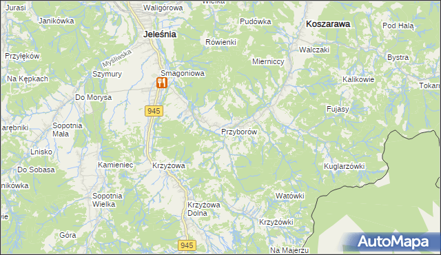 mapa Przyborów gmina Jeleśnia, Przyborów gmina Jeleśnia na mapie Targeo