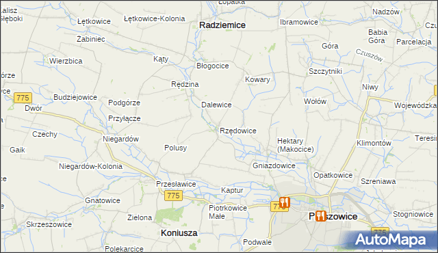 mapa Rzędowice gmina Koniusza, Rzędowice gmina Koniusza na mapie Targeo