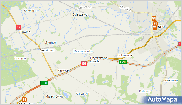 mapa Rzyszczewo gmina Sławno, Rzyszczewo gmina Sławno na mapie Targeo