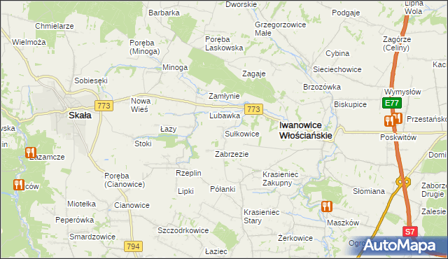 mapa Sułkowice gmina Iwanowice, Sułkowice gmina Iwanowice na mapie Targeo