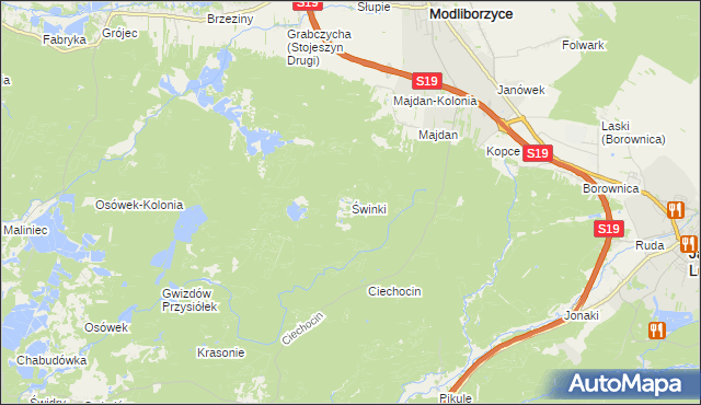 mapa Świnki gmina Modliborzyce, Świnki gmina Modliborzyce na mapie Targeo