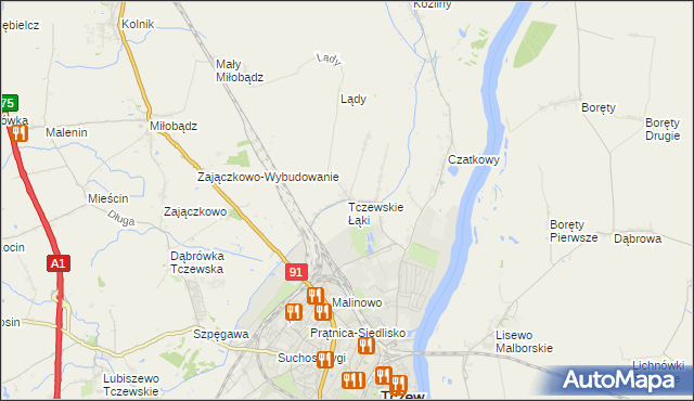 mapa Tczewskie Łąki, Tczewskie Łąki na mapie Targeo